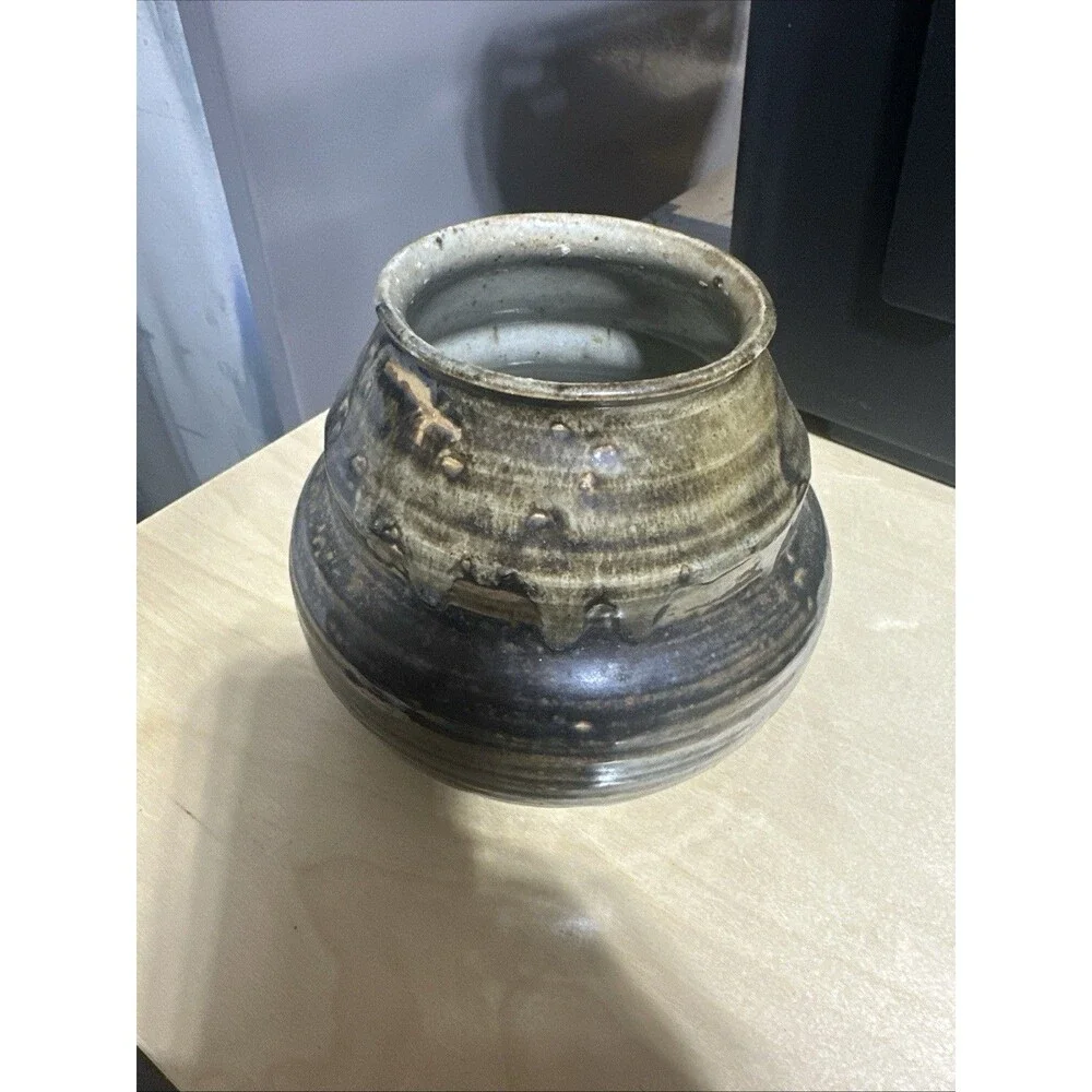 Vintage Stoneware Pottery Vase Vessel Ash Glazed Signed Texture Brown Signed